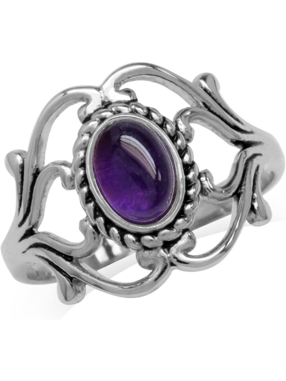 Elegant Victorian Style Cabochon Gemstone Ring - Twisted Rope Design, White Gold